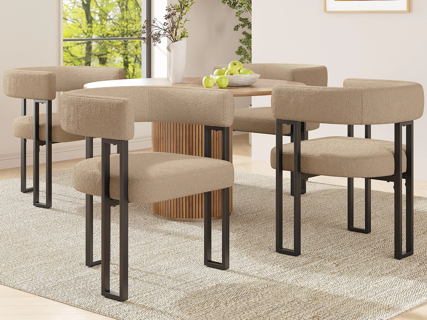 Set mit 4 gepolsterten Esszimmerstühlen - aus Flanellstoff - Metallgestell - braun