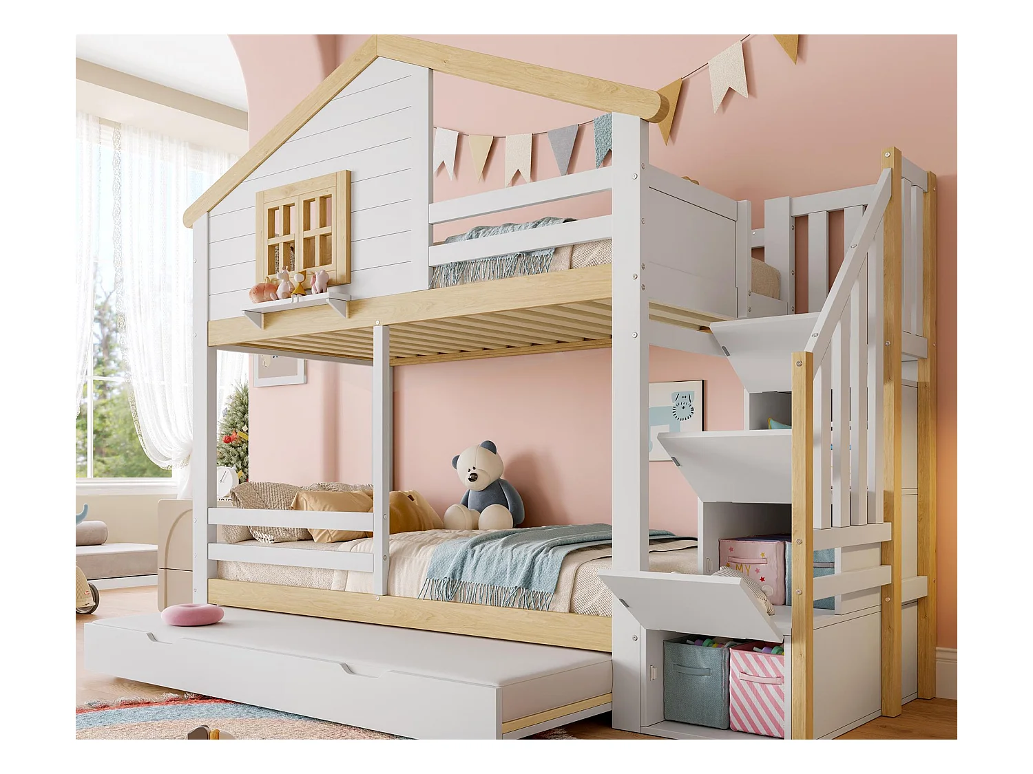 Letto a castello 90×200 cm - con sponde - con letto ribaltabile - scala contenitore - bianco + naturale (materasso non incluso)