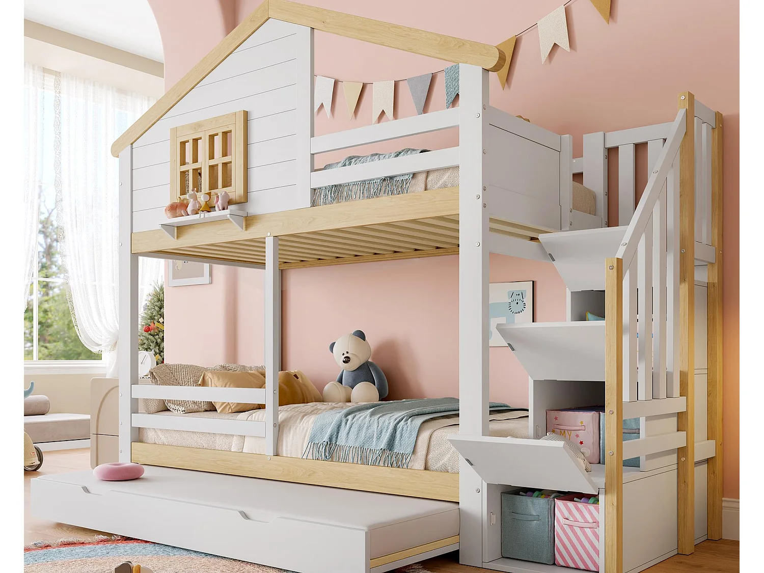 Lit superposé 90x200 cm - avec barrières - avec lit gigogne - échelle de rangement - blanc + naturel (matelas non inclus)