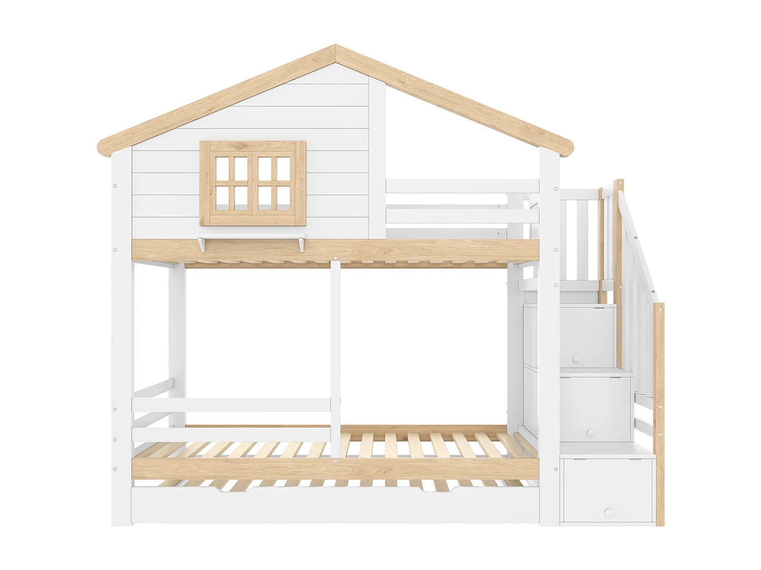 Lit superposé 90x200 cm - avec barrières - avec lit gigogne - échelle de rangement - blanc + naturel (matelas non inclus)