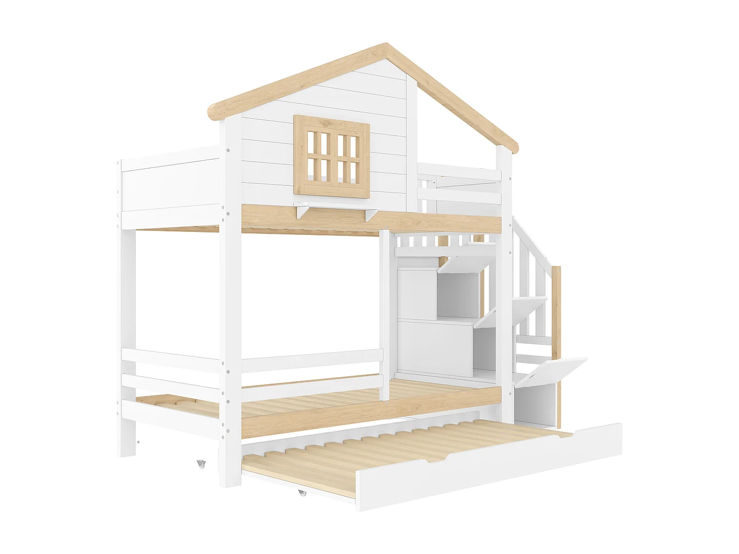 Lit superposé 90x200 cm - avec barrières - avec lit gigogne - échelle de rangement - blanc + naturel (matelas non inclus)