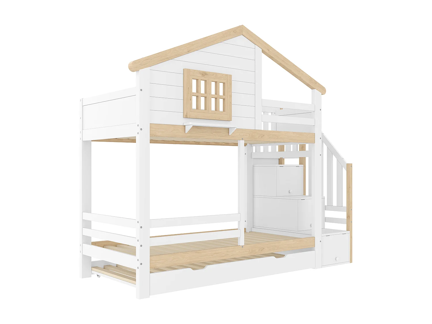 Lit superposé 90x200 cm - avec barrières - avec lit gigogne - échelle de rangement - blanc + naturel (matelas non inclus)