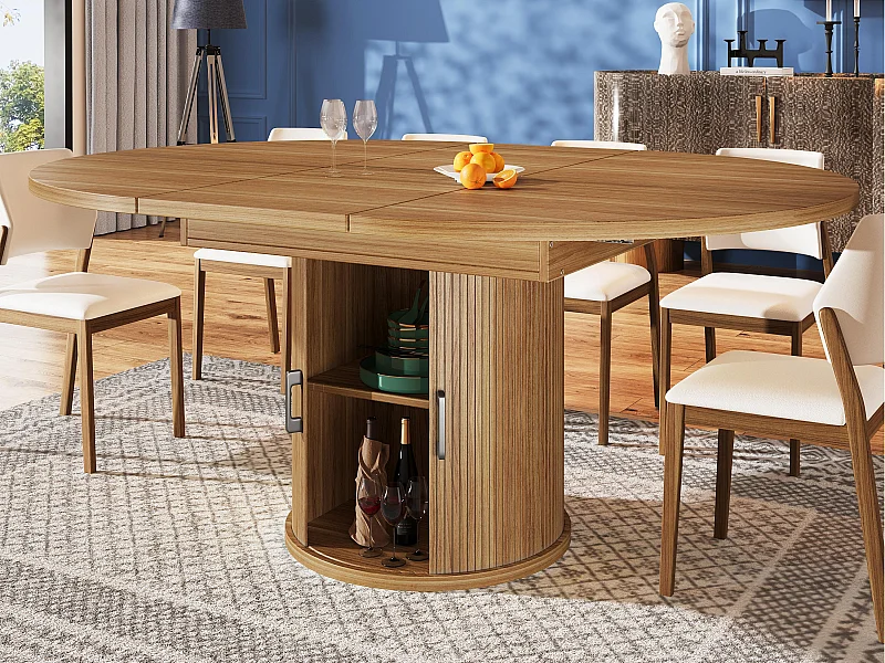 Stół rozsuwany - MDF - Okrągły stół - 118-158 cm - 6 osób - 1 drzwi - 2 półki - naturalny