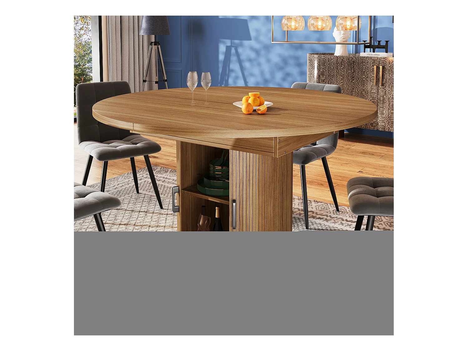 Table à manger extensible - MDF - Table ronde - 118-158 cm - 6 personnes - 1 porte - 2 étagères - Naturel