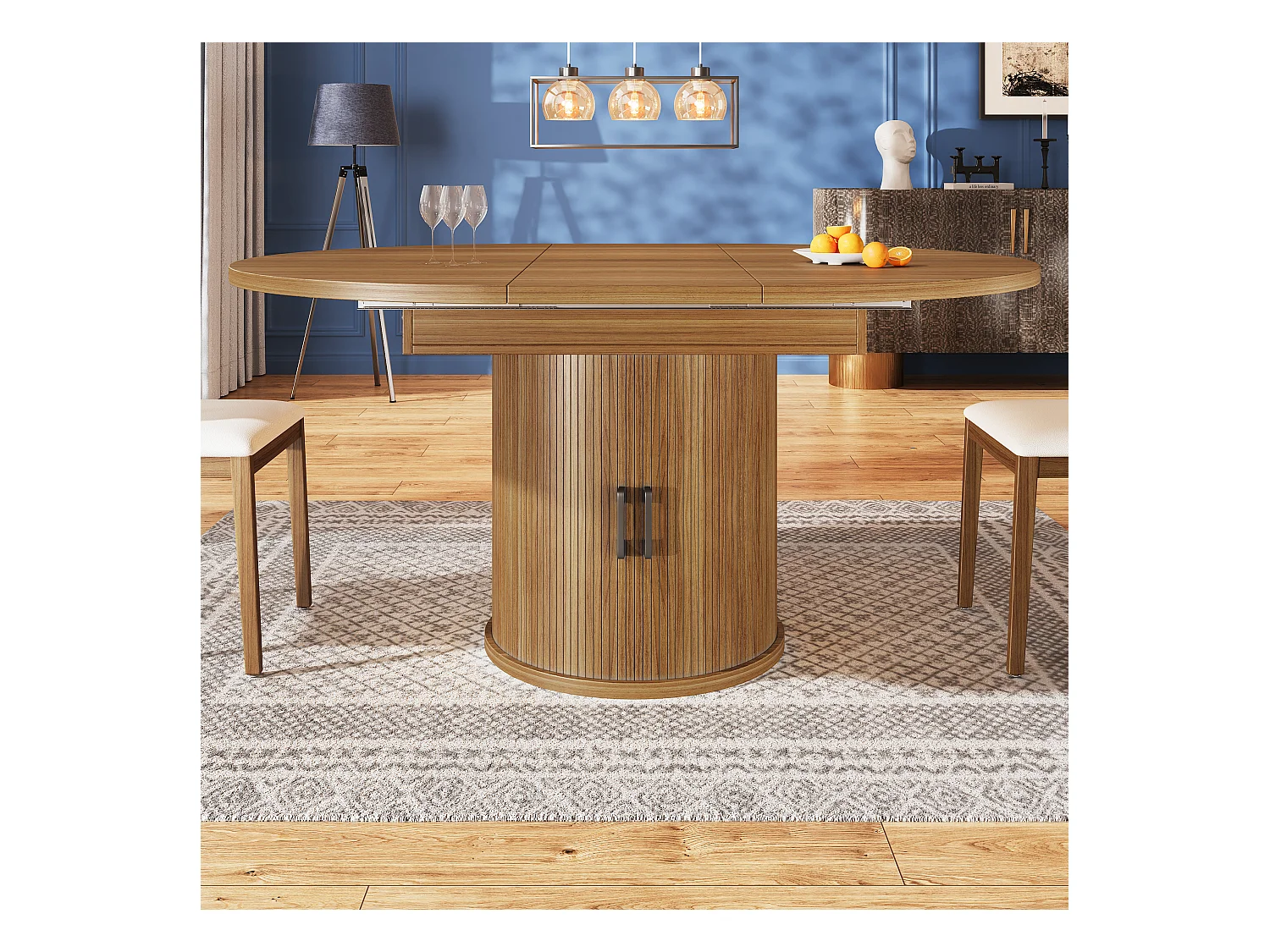 Table à manger extensible - MDF - Table ronde - 118-158 cm - 6 personnes - 1 porte - 2 étagères - Naturel
