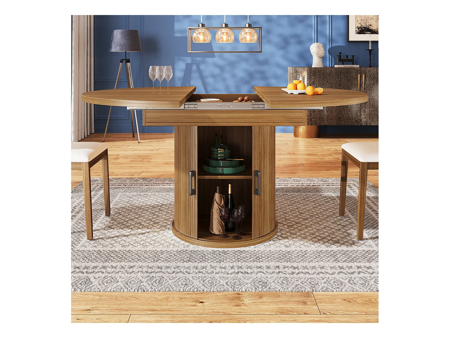 Table à manger extensible - MDF - Table ronde - 118-158 cm - 6 personnes - 1 porte - 2 étagères - Naturel