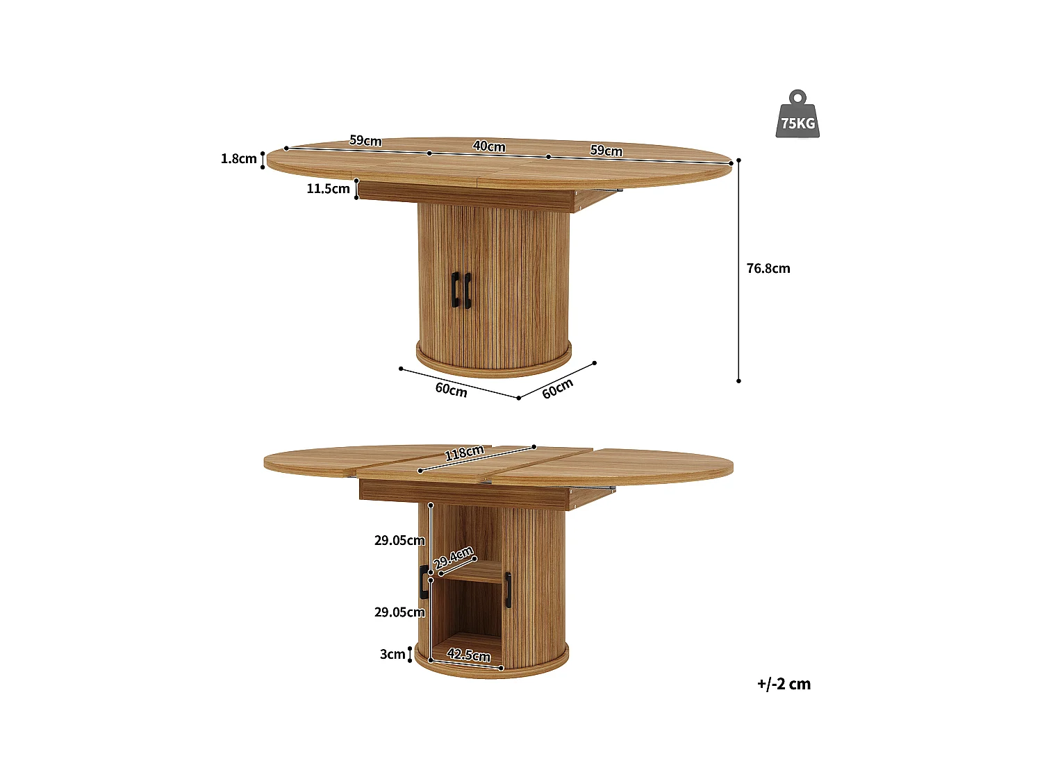 Table à manger extensible - MDF - Table ronde - 118-158 cm - 6 personnes - 1 porte - 2 étagères - Naturel
