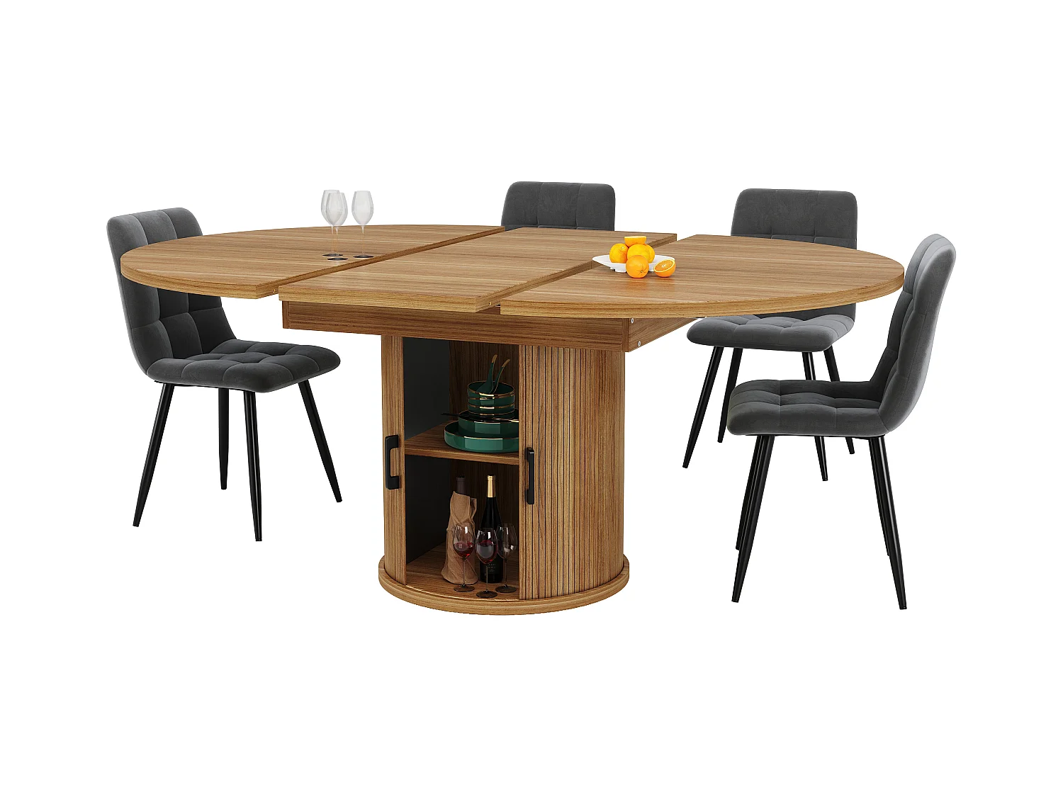 Table à manger extensible - MDF - Table ronde - 118-158 cm - 6 personnes - 1 porte - 2 étagères - Naturel