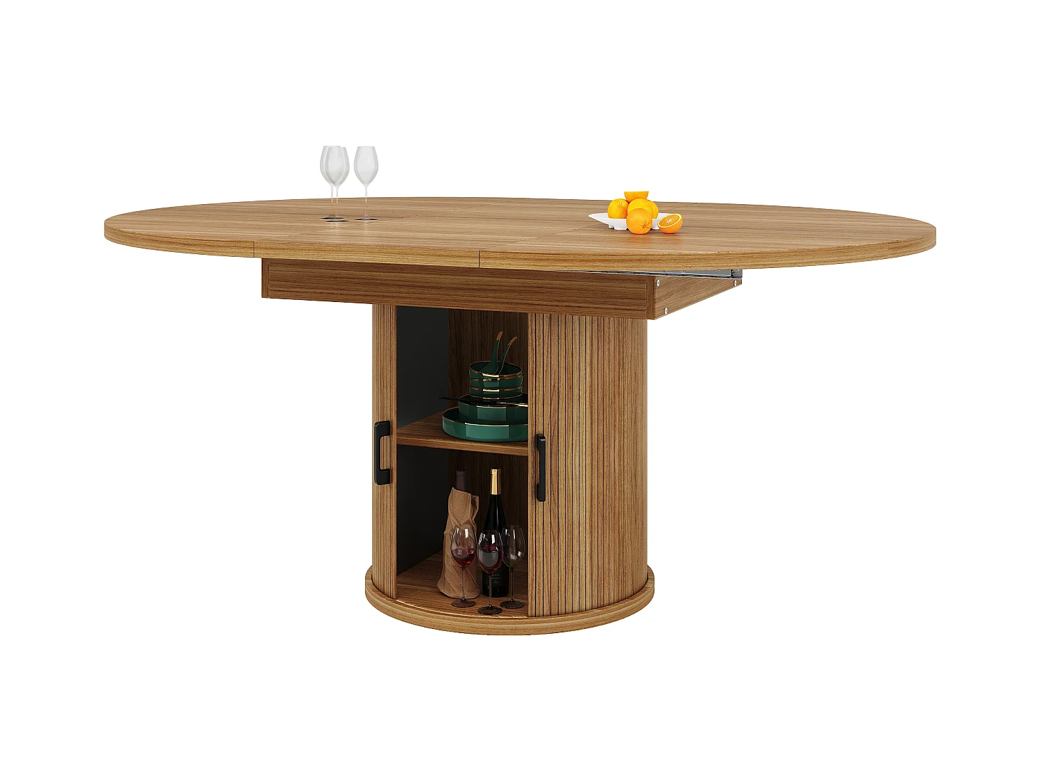 Table à manger extensible - MDF - Table ronde - 118-158 cm - 6 personnes - 1 porte - 2 étagères - Naturel