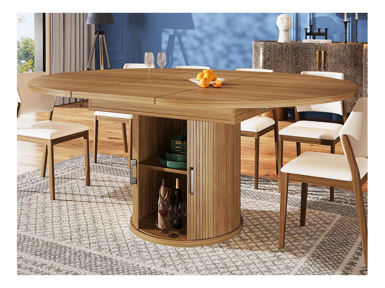 Table à manger extensible - MDF - Table ronde - 118-158 cm - 6 personnes - 1 porte - 2 étagères - Naturel