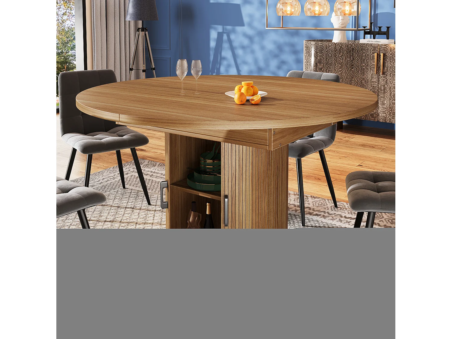 Table à manger extensible - MDF - Table ronde - 118-158 cm - 6 personnes - 1 porte - 2 étagères - Naturel