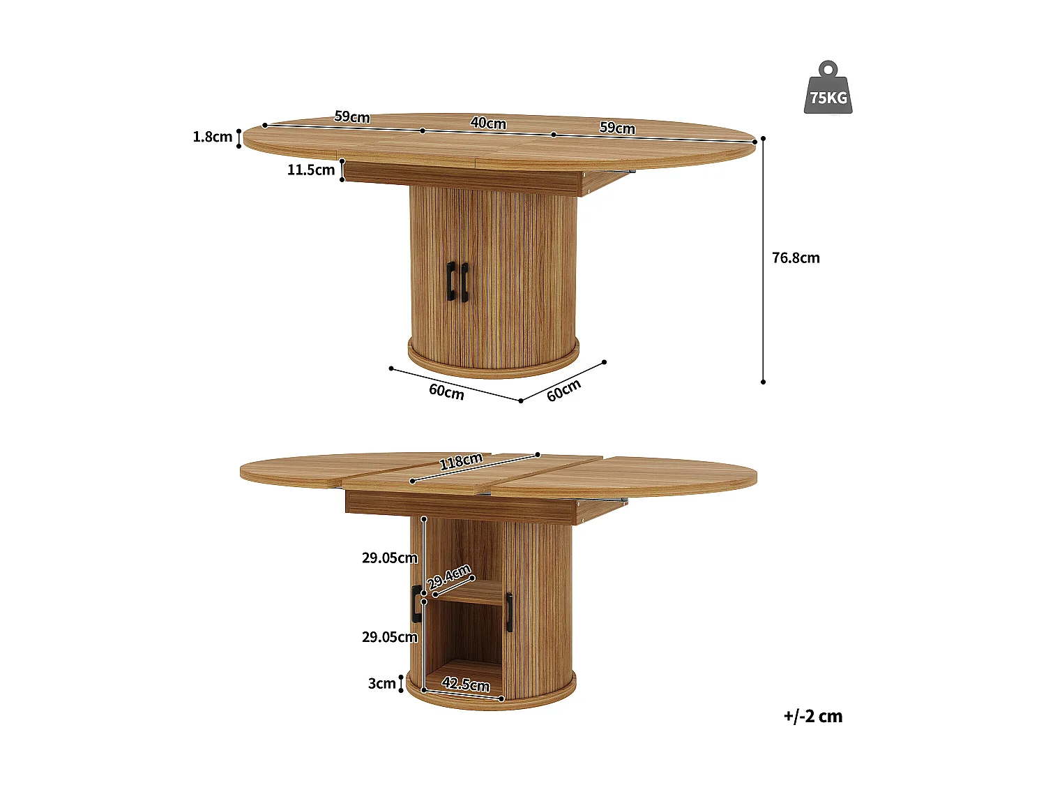 Table à manger extensible - MDF - Table ronde - 118-158 cm - 6 personnes - 1 porte - 2 étagères - Naturel