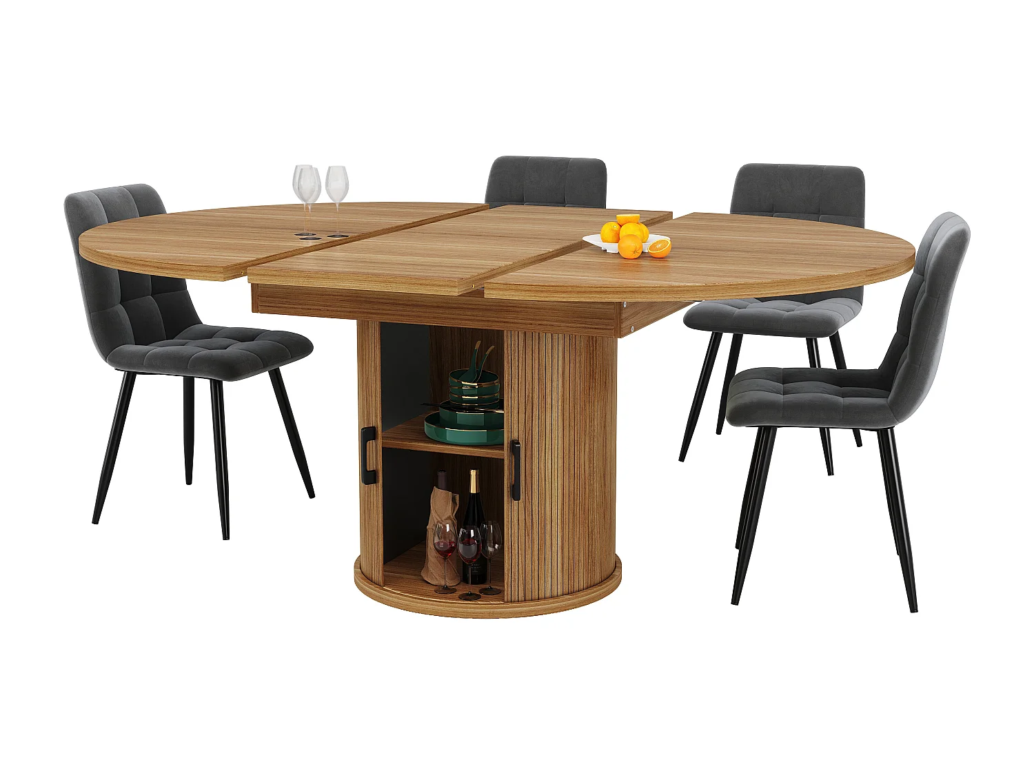 Table à manger extensible - MDF - Table ronde - 118-158 cm - 6 personnes - 1 porte - 2 étagères - Naturel