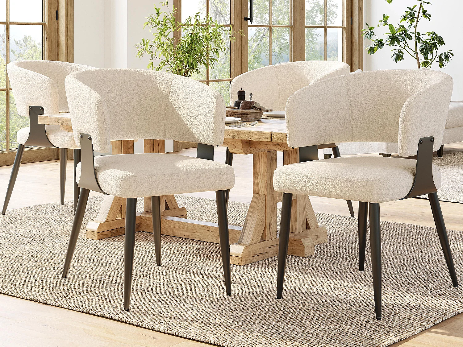 Lot de 4 Chaise de salle à manger rembourrées - en flanelle - structure en métal - style moderne - Beige