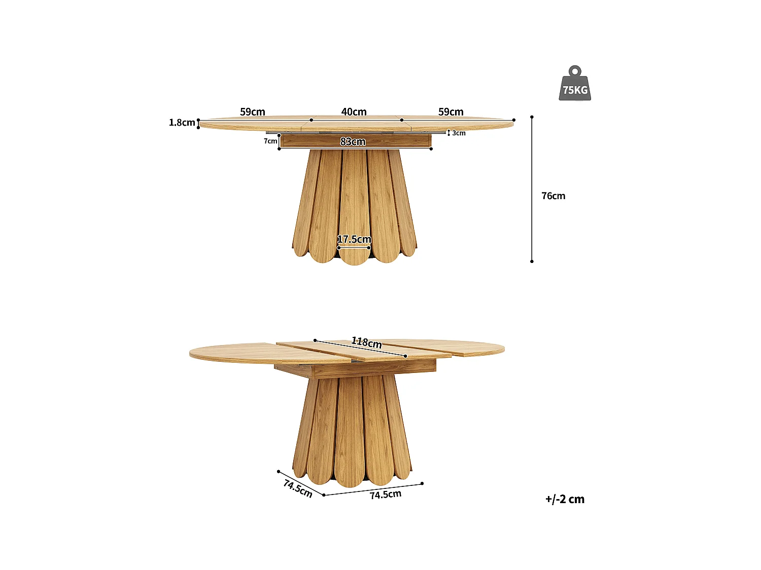 Stół rozsuwany - faktura drewna - okrągły stół - 118-158 cm - dla 6 osób - naturalny
