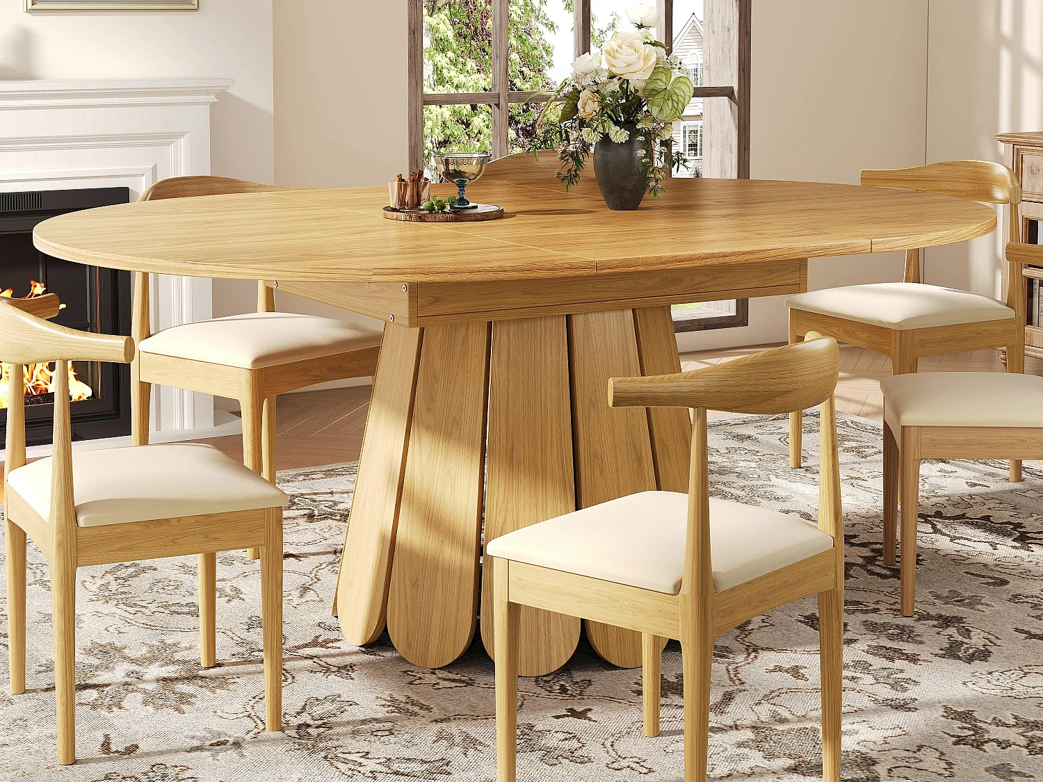 Mesa de jantar extensível - textura de madeira - mesa redonda - 118-158 cm - 6 pessoas - natural