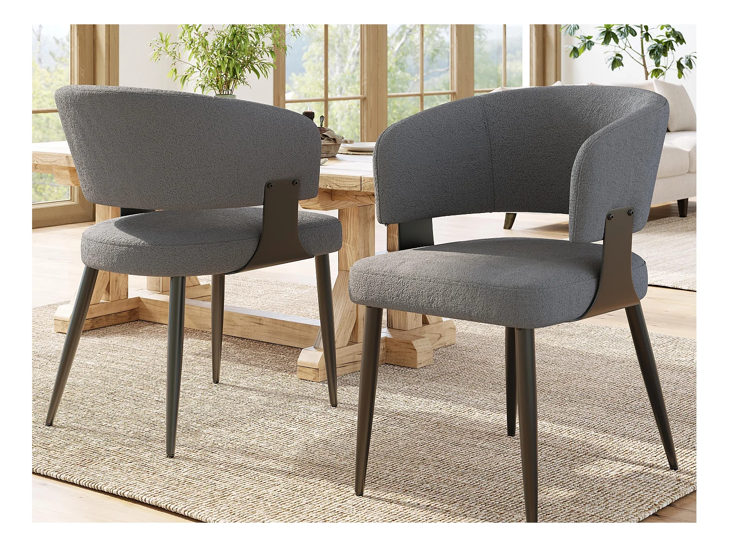 Lot de 2 Chaise de salle à manger rembourrées - en flanelle - structure en métal - style moderne - gris