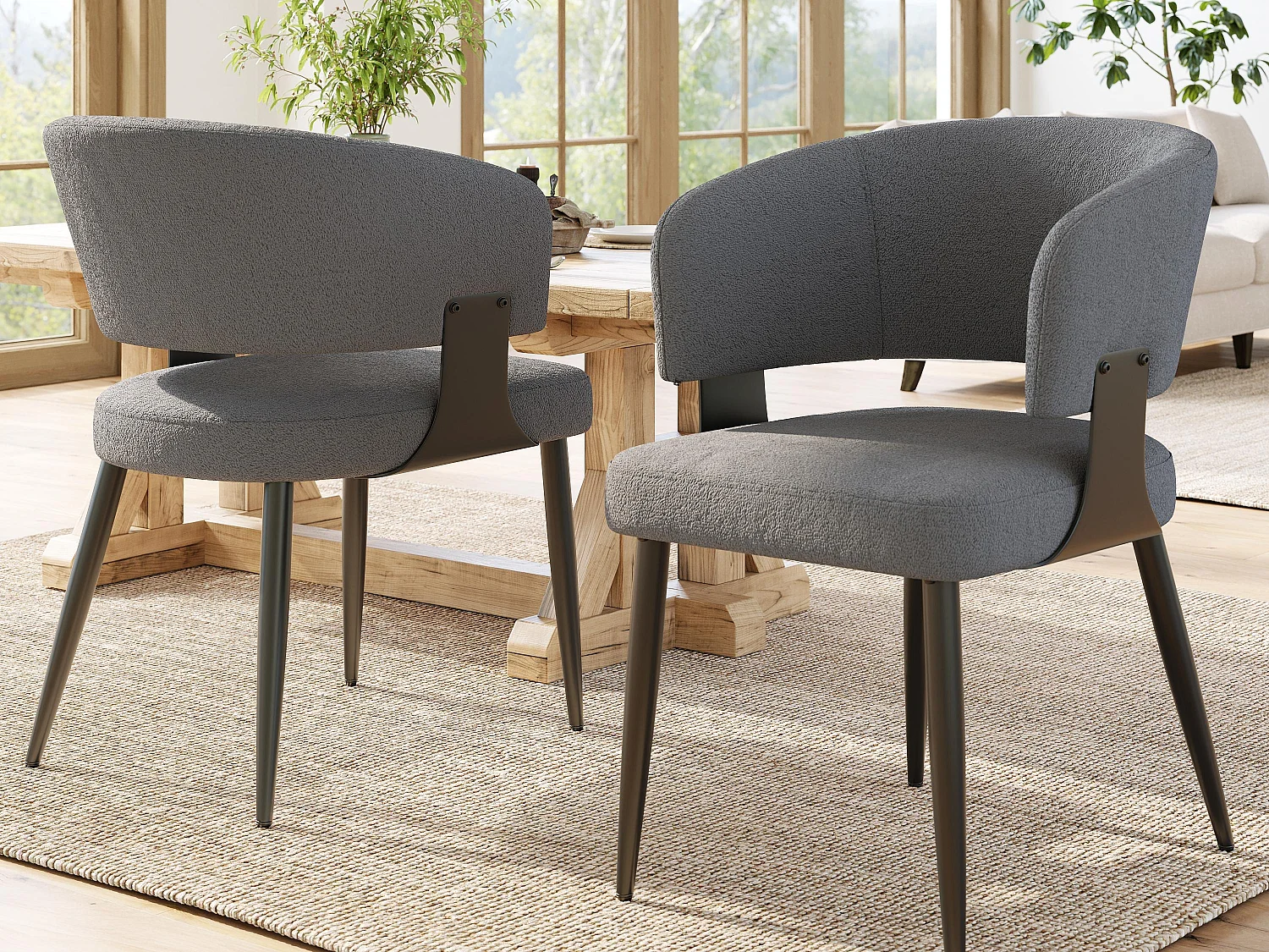 Set mit 2 gepolsterten Esszimmerstühlen - aus Flanell - Metallgestell - moderner Stil - grau