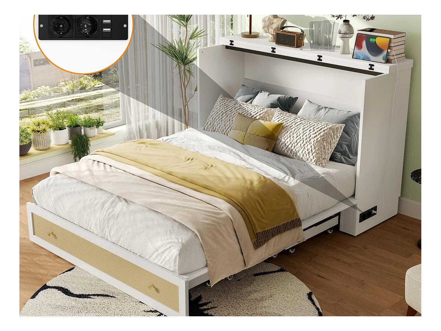 Lit escamotable 140 x 200 cm - avec prise USB et prise secteur - blanc (matelas non inclus)