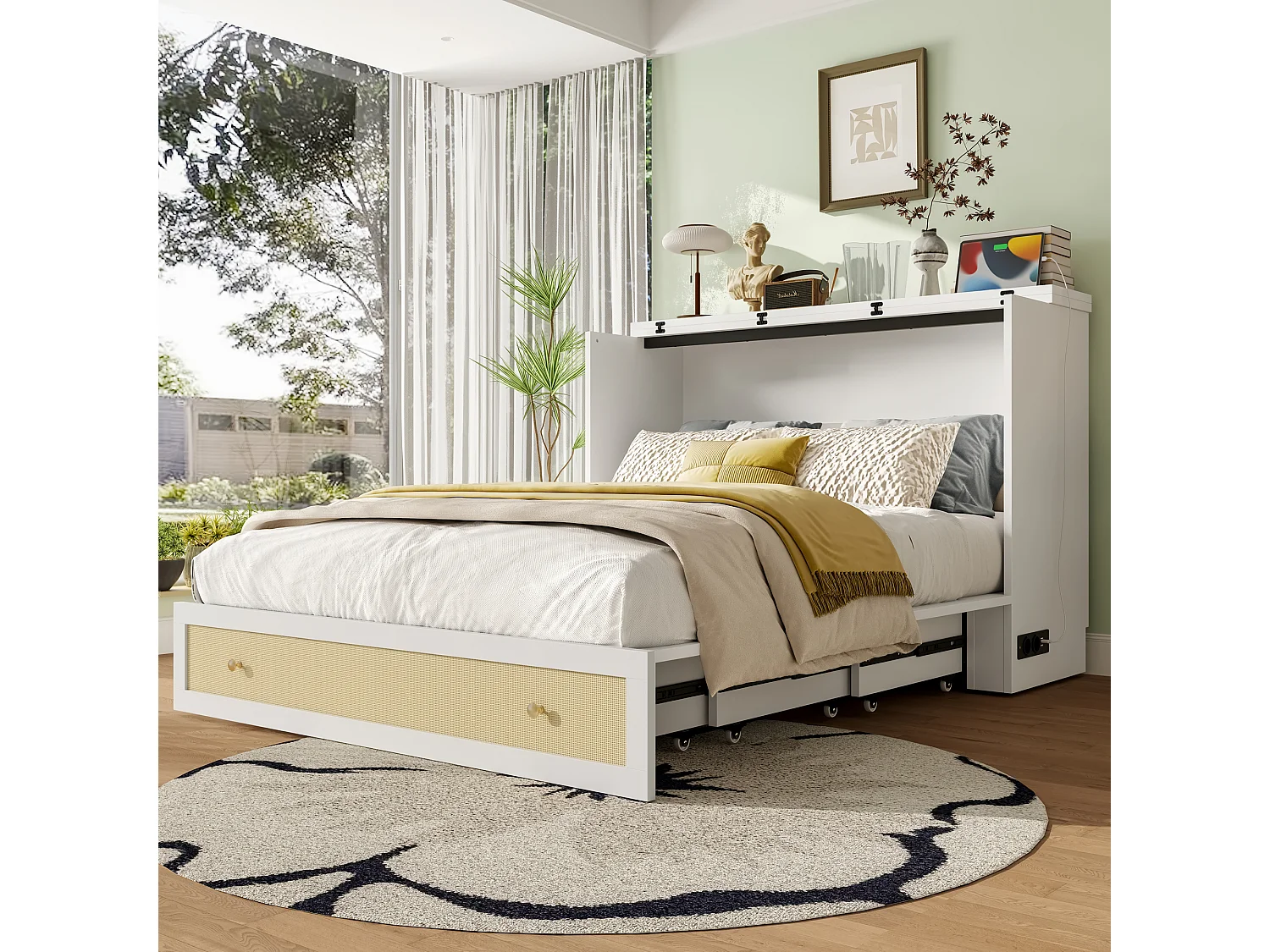 Lit escamotable 140 x 200 cm - avec prise USB et prise secteur - blanc (matelas non inclus)