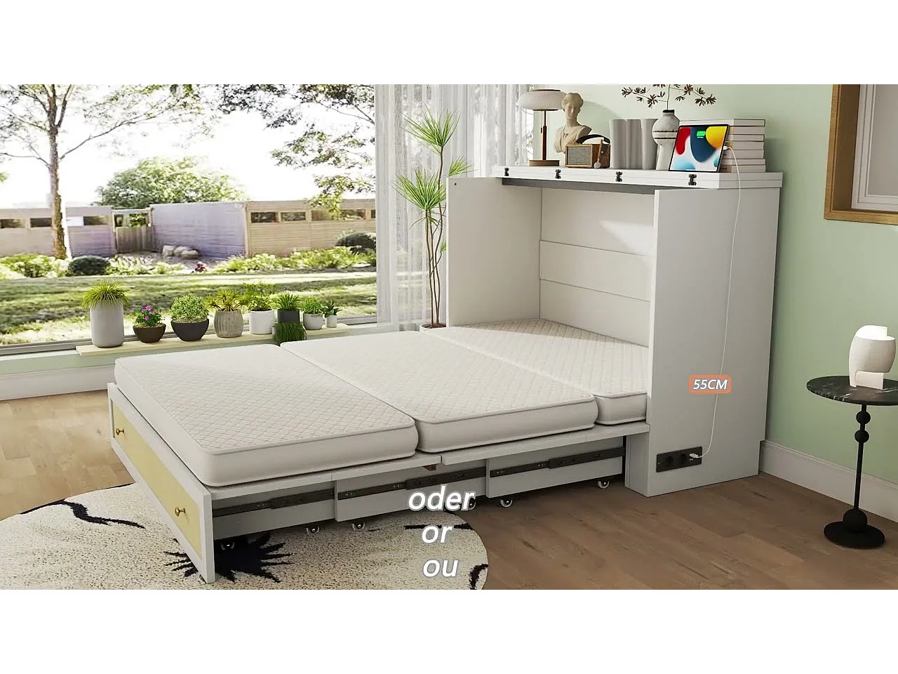 Lit escamotable 140 x 200 cm - avec prise USB et prise secteur - blanc (matelas non inclus)