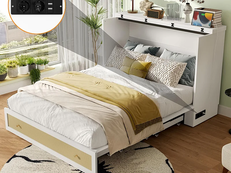 Letto a scomparsa 140×200 cm - con presa USB e presa di corrente - bianco (materasso non incluso)