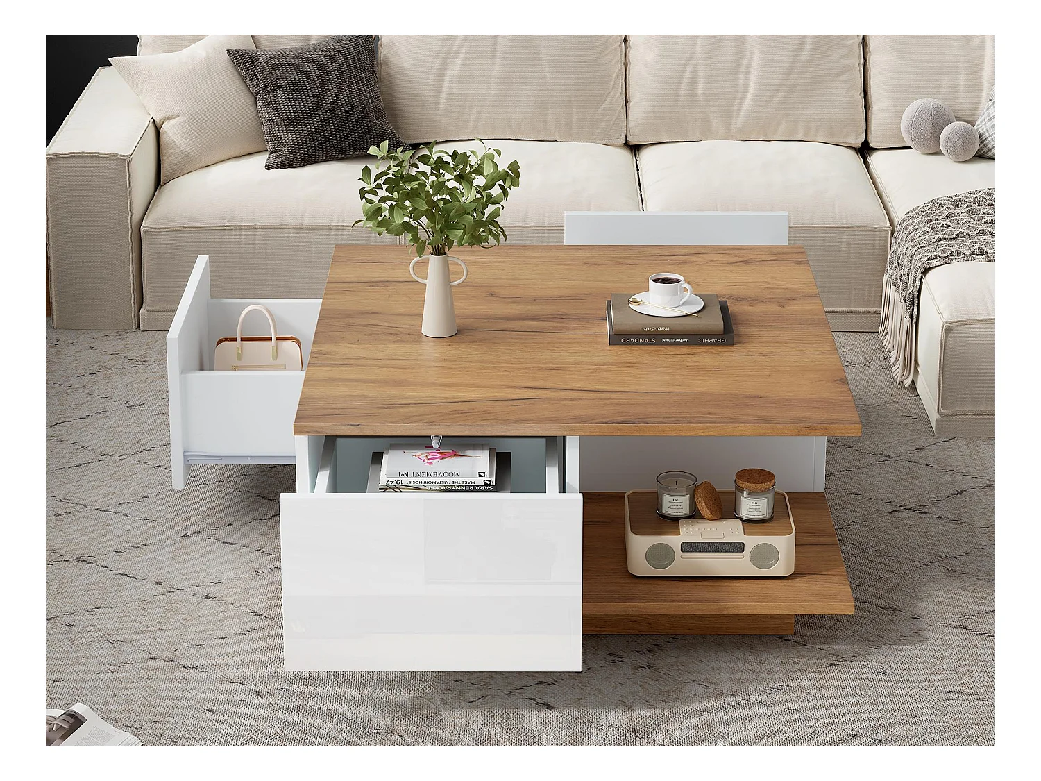 Table basse 70x70x31.5 cm - 3 tiroirs - Plateau carré - Panneaux de particules - Blanc + Naturel