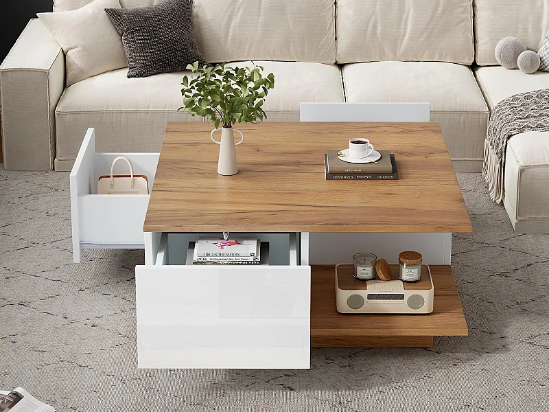 Tavolino 70×70×31,5 cm - con 3 cassetti - piano quadrato - pannelli di particelle - bianco + naturale