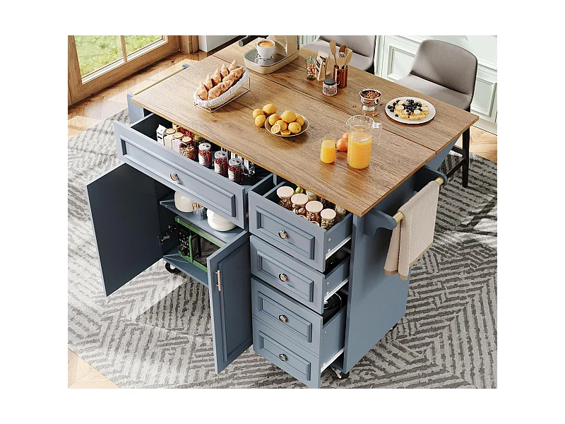 Isola cucina moderna 130×45×92 cm - con 5 cassetti e 2 ante - piano estensibile - con rotelle - blu