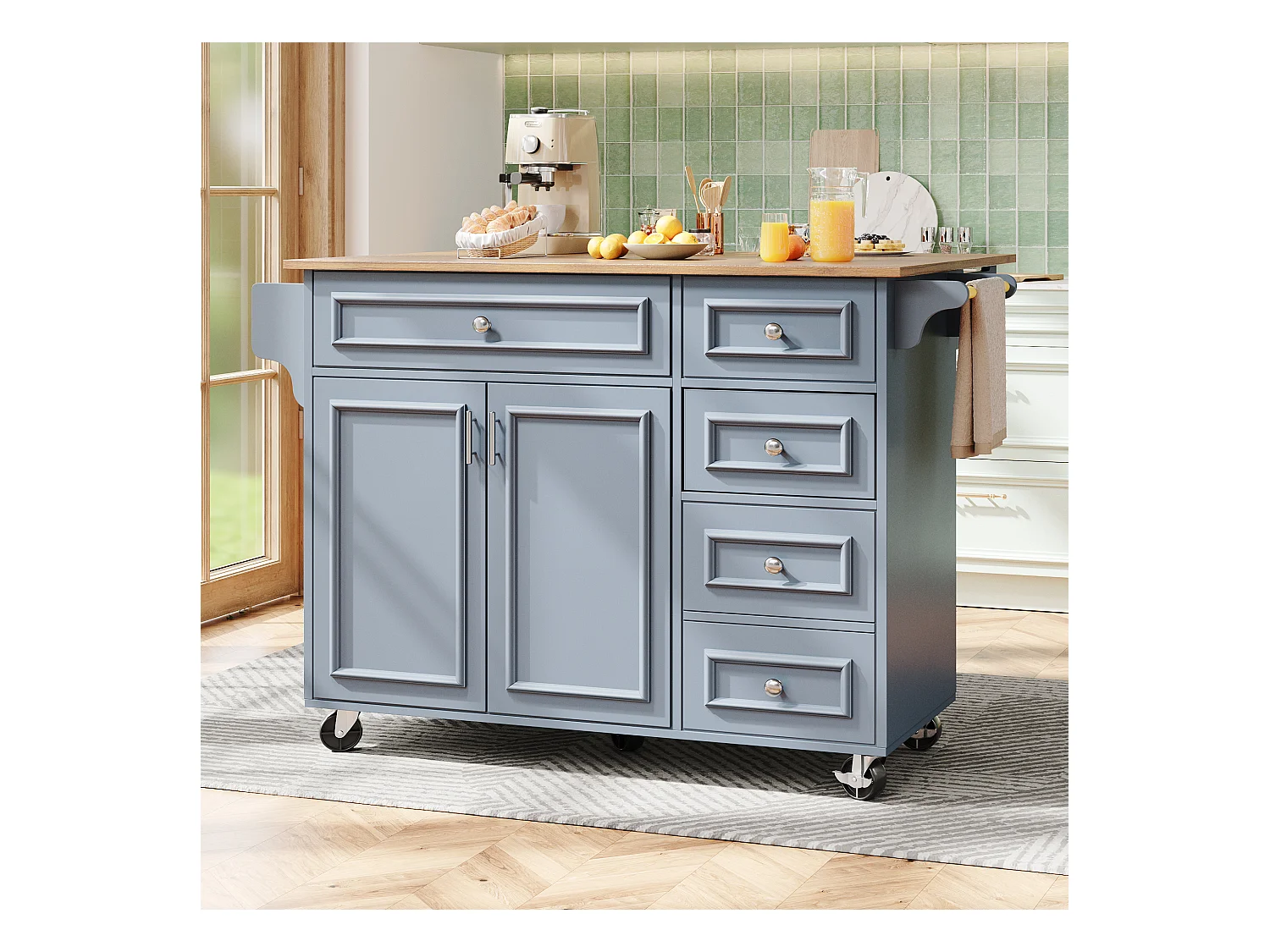 Ilot central de cuisine moderne 130x45x92cm - 5 tiroirs et 2 portes - plateau extensible - avec roulettes - Bleu