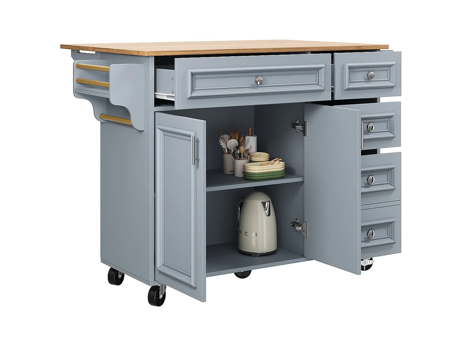 Ilot central de cuisine moderne 130x45x92cm - 5 tiroirs et 2 portes - plateau extensible - avec roulettes - Bleu