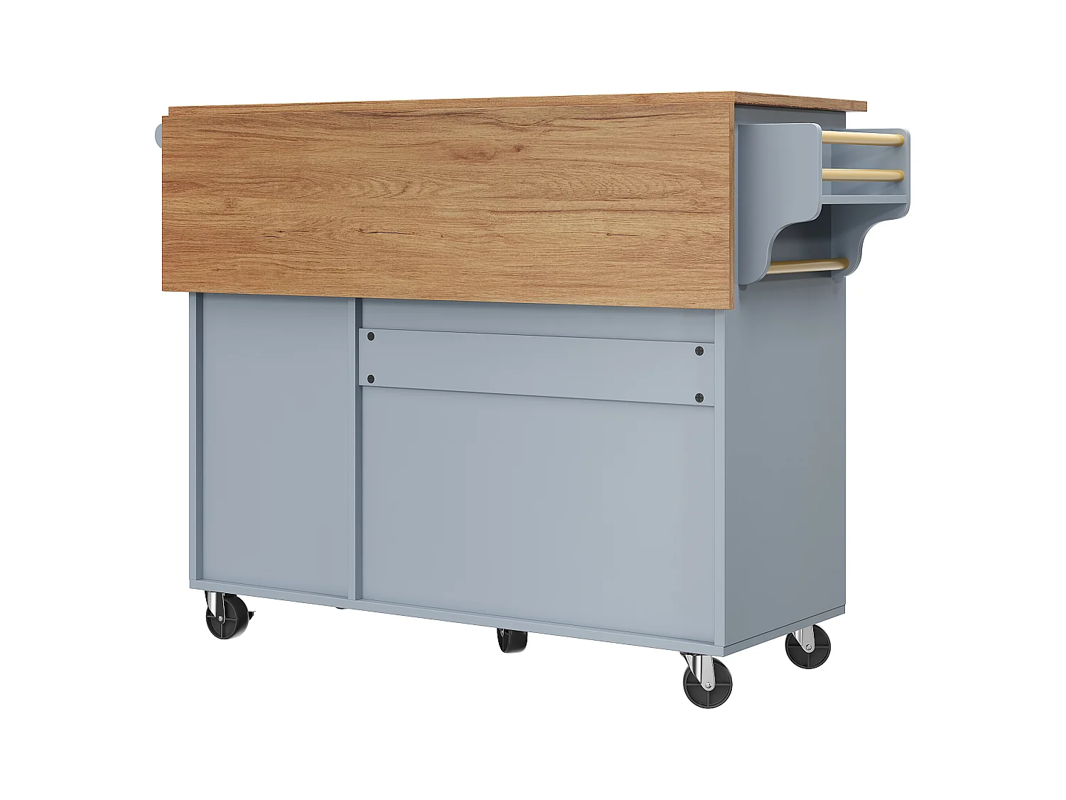 Ilot central de cuisine moderne 130x45x92cm - 5 tiroirs et 2 portes - plateau extensible - avec roulettes - Bleu