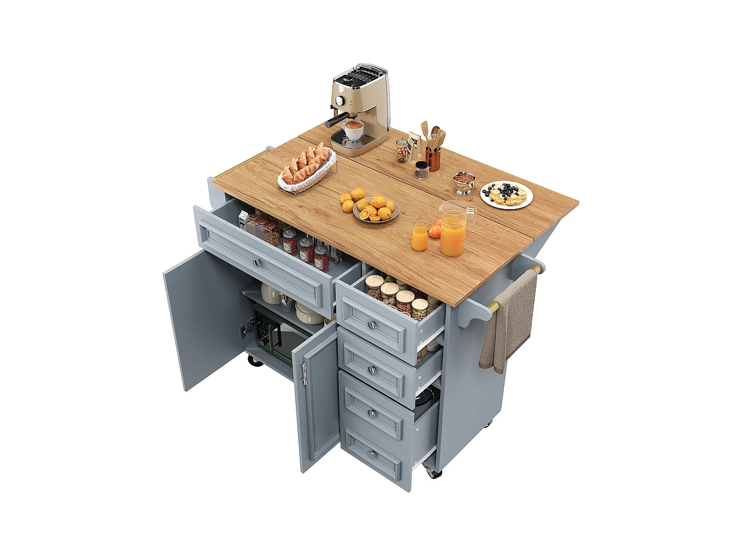 Ilot central de cuisine moderne 130x45x92cm - 5 tiroirs et 2 portes - plateau extensible - avec roulettes - Bleu