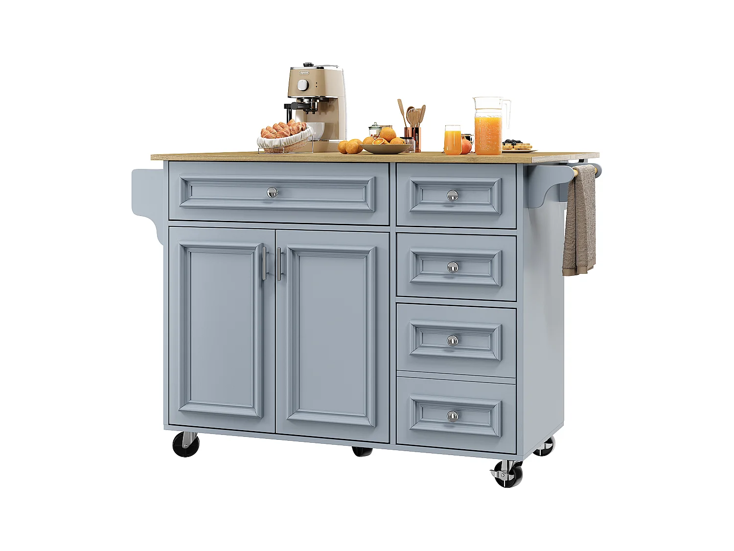 Ilot central de cuisine moderne 130x45x92cm - 5 tiroirs et 2 portes - plateau extensible - avec roulettes - Bleu
