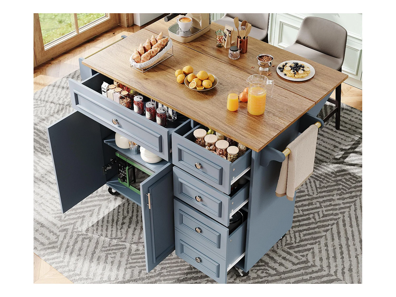Ilot central de cuisine moderne 130x45x92cm - 5 tiroirs et 2 portes - plateau extensible - avec roulettes - Bleu