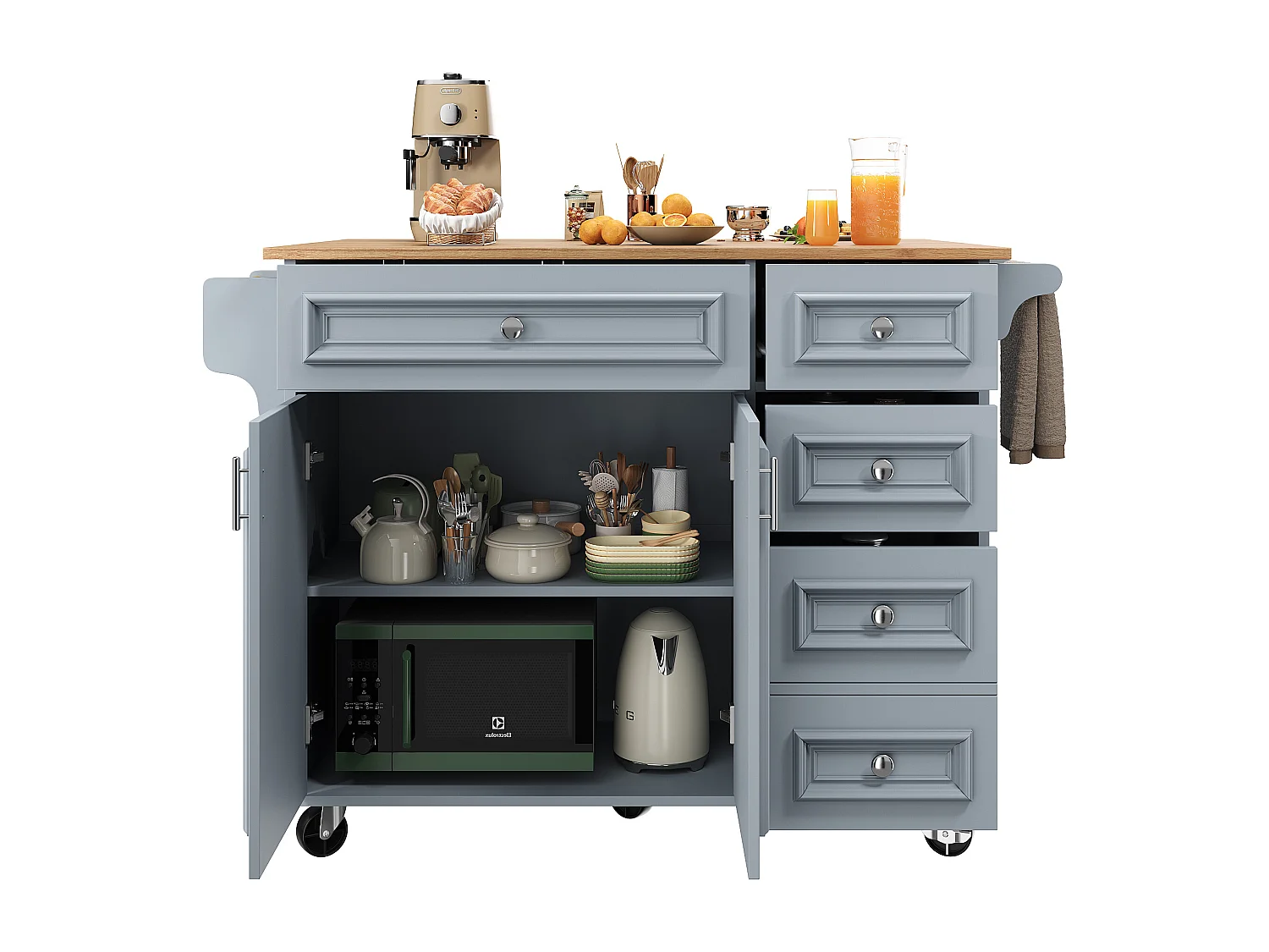 Ilot central de cuisine moderne 130x45x92cm - 5 tiroirs et 2 portes - plateau extensible - avec roulettes - Bleu