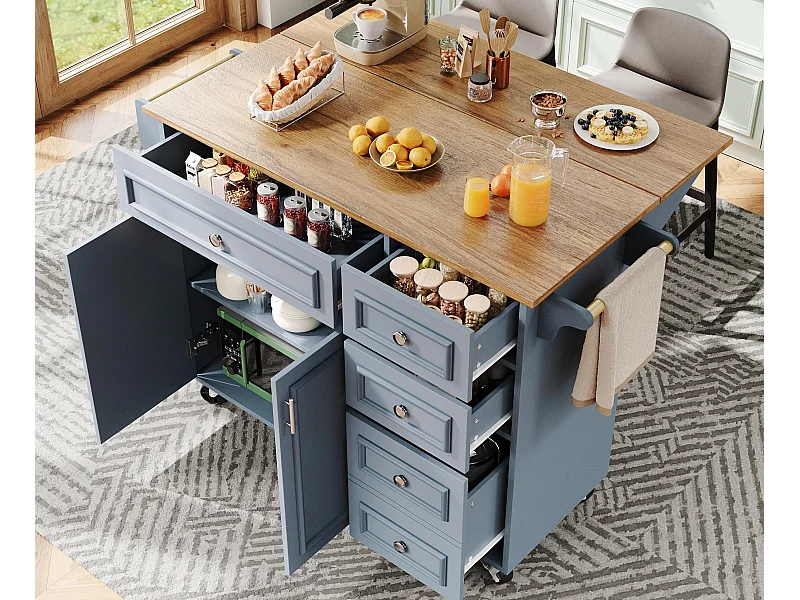 Isola cucina moderna 130×45×92 cm - con 5 cassetti e 2 ante - piano estensibile - con rotelle - blu