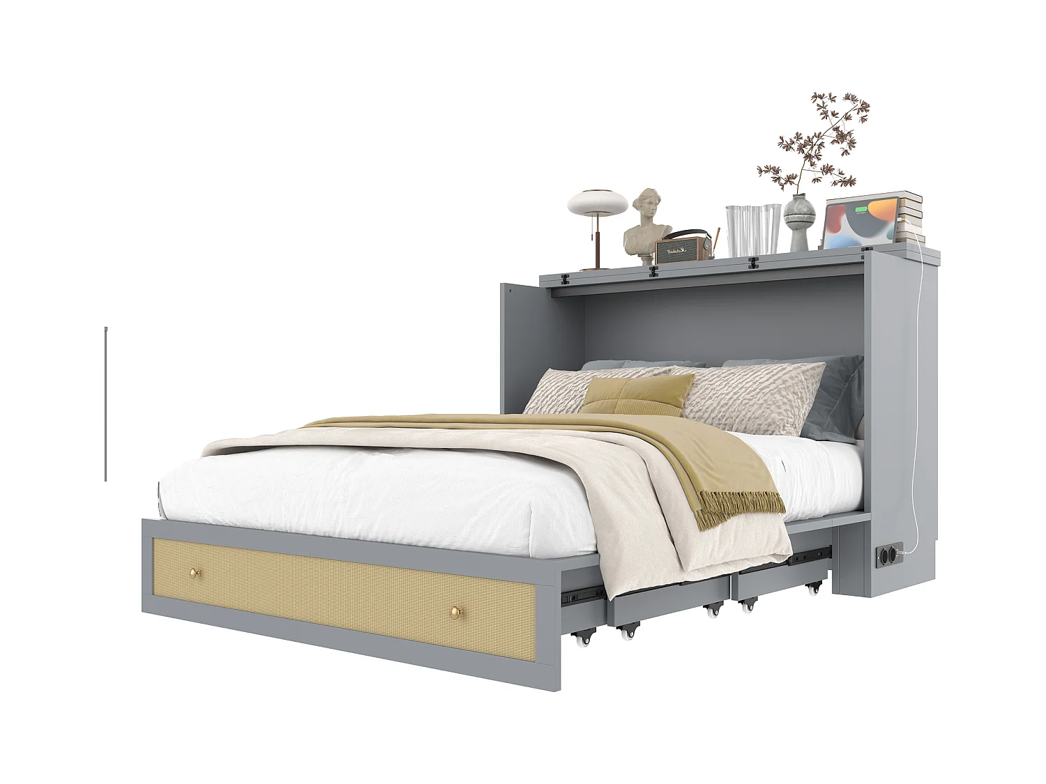 Lit escamotable 140 x 200 cm - avec prise USB et prise secteur - Gris (matelas non inclus)