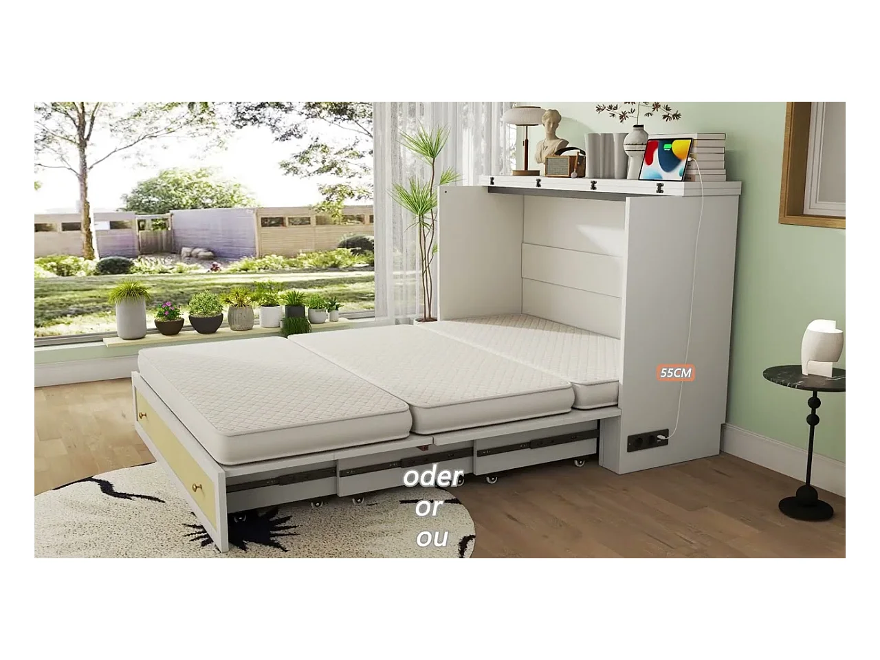 Lit escamotable 140 x 200 cm - avec prise USB et prise secteur - Gris (matelas non inclus)