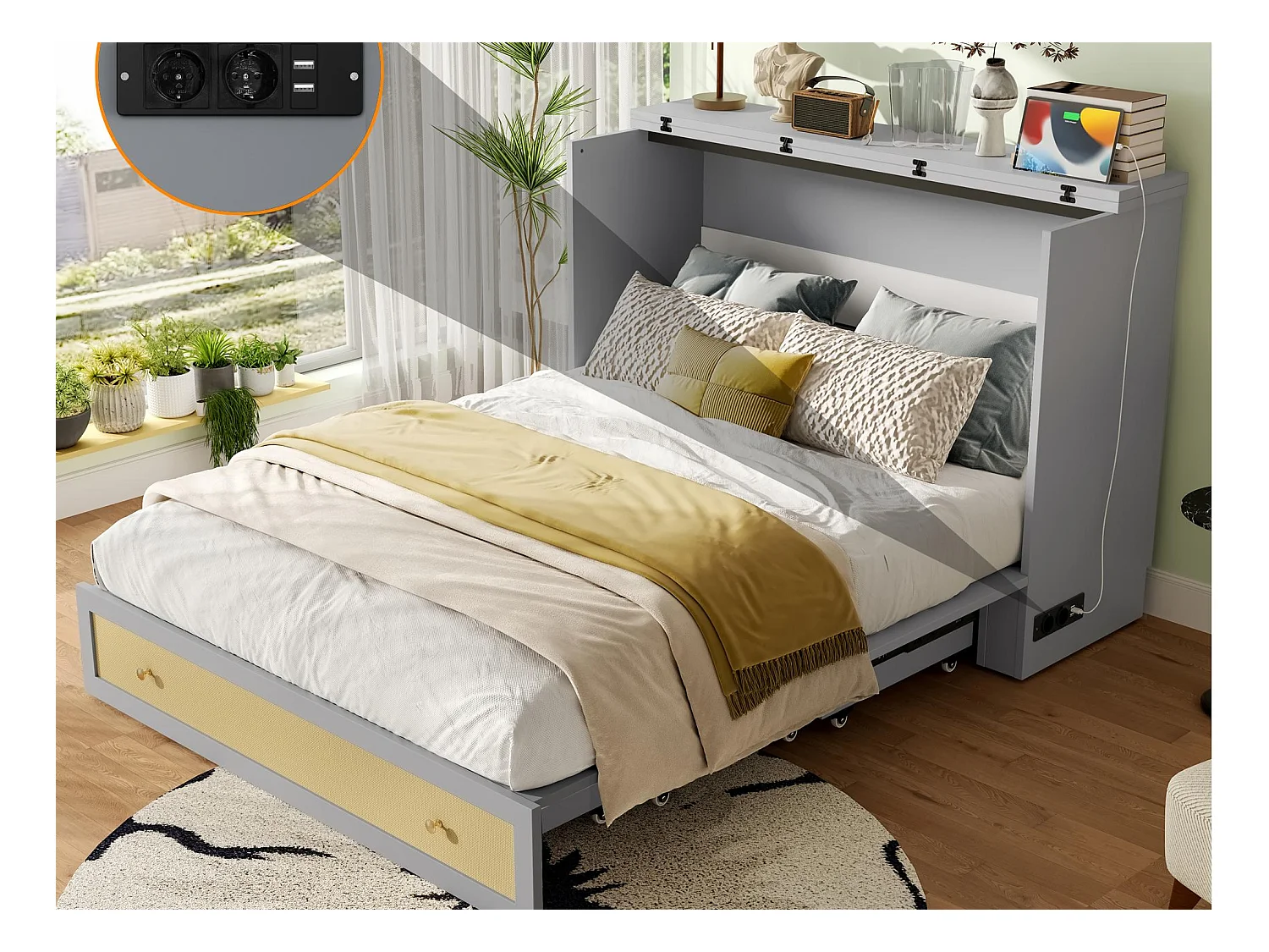Lit escamotable 140 x 200 cm - avec prise USB et prise secteur - Gris (matelas non inclus)