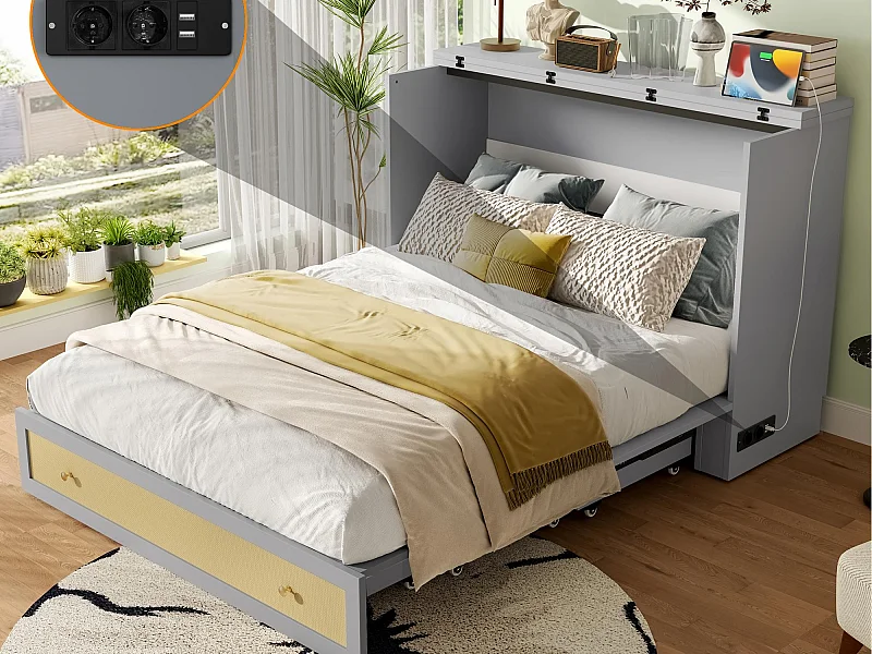 Murphy-bed 140×200 cm - met USB-aansluiting en stopcontact - grijs (matras niet inbegrepen)