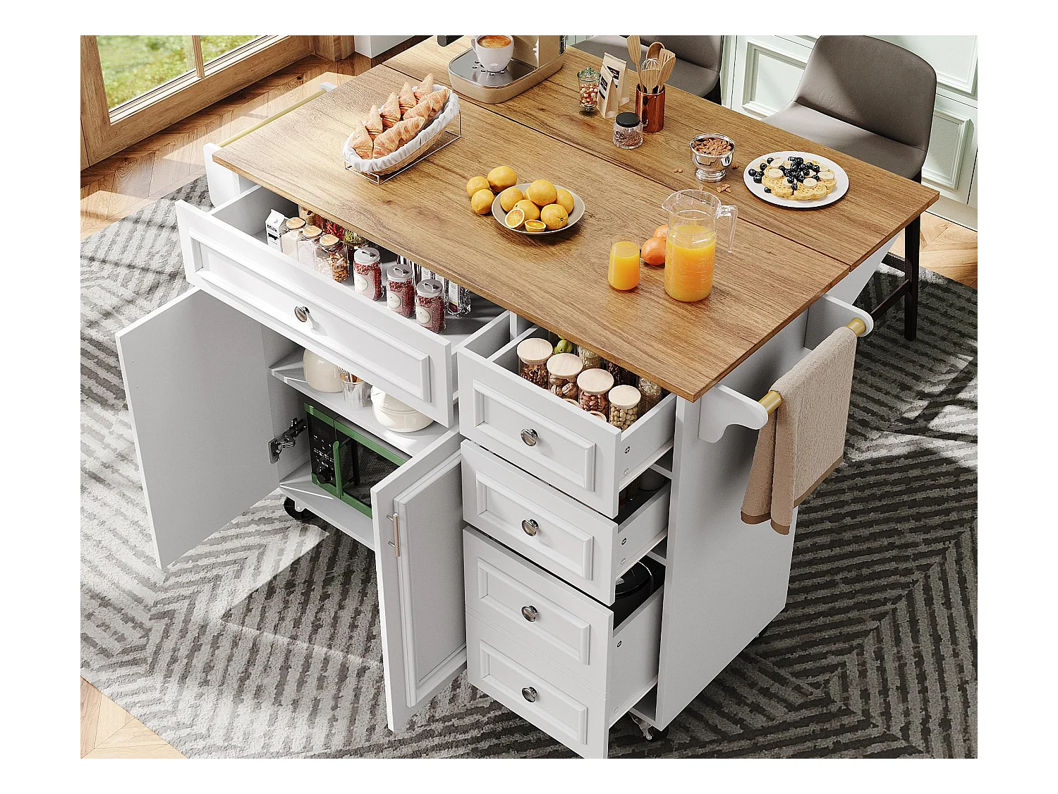 Ilot central de cuisine moderne 130x45x92cm - 5 tiroirs et 2 portes - plateau extensible - avec roulettes - Blanc