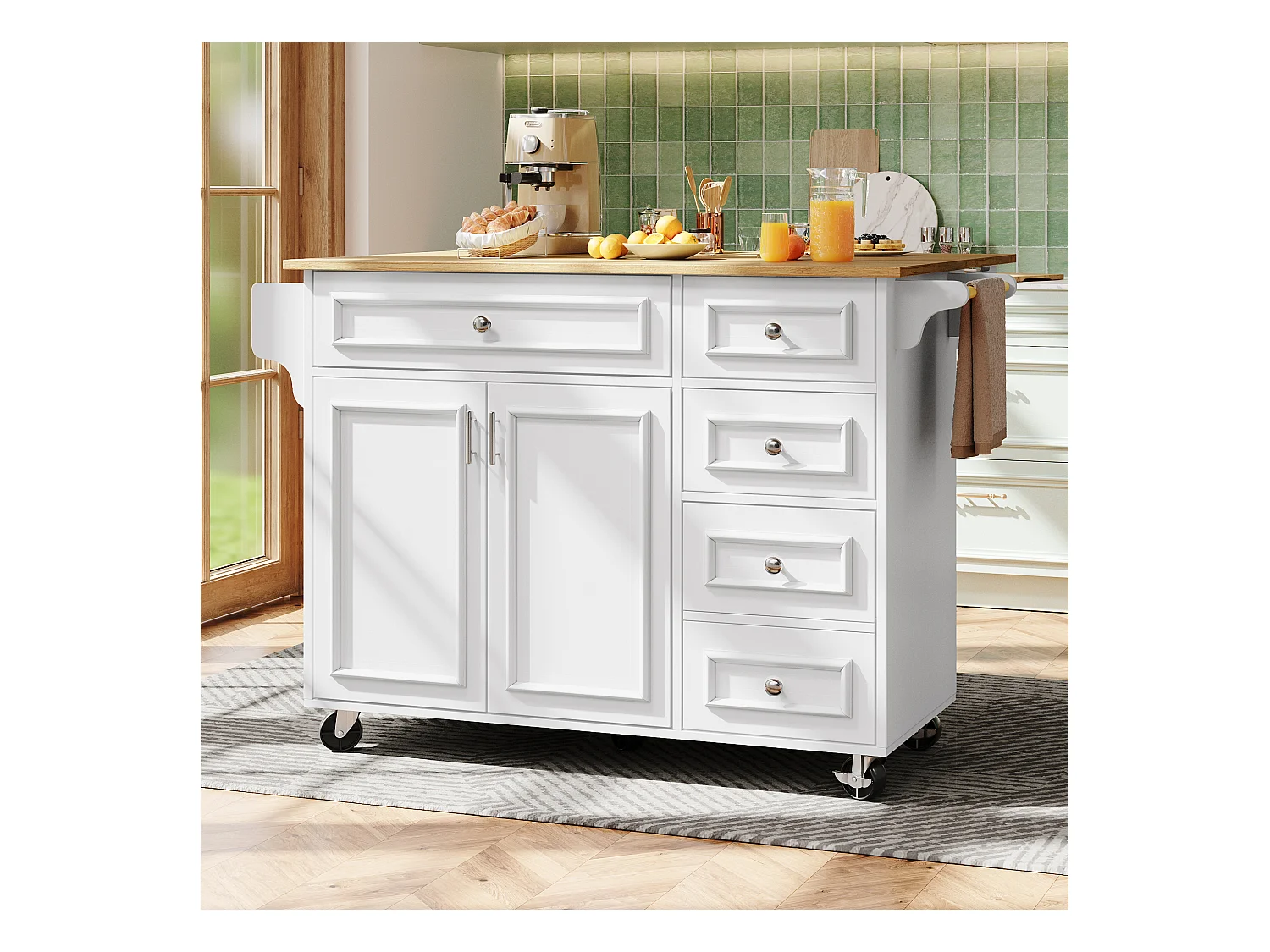 Ilot central de cuisine moderne 130x45x92cm - 5 tiroirs et 2 portes - plateau extensible - avec roulettes - Blanc