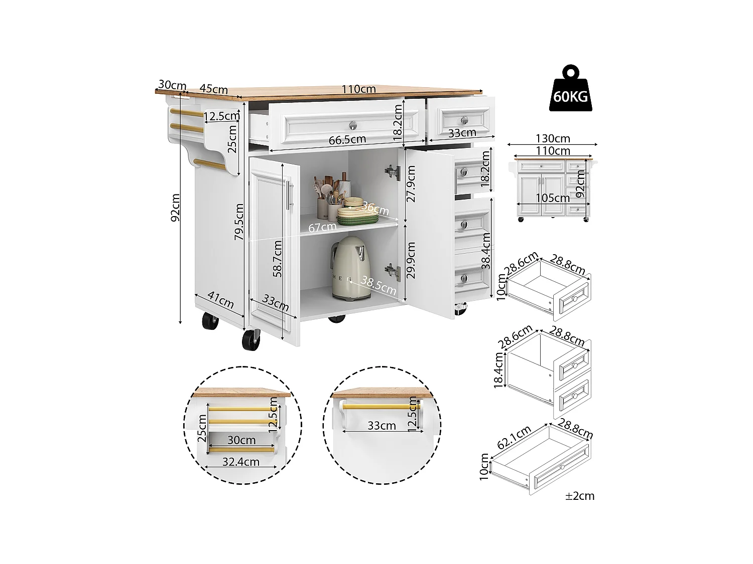 Ilot central de cuisine moderne 130x45x92cm - 5 tiroirs et 2 portes - plateau extensible - avec roulettes - Blanc
