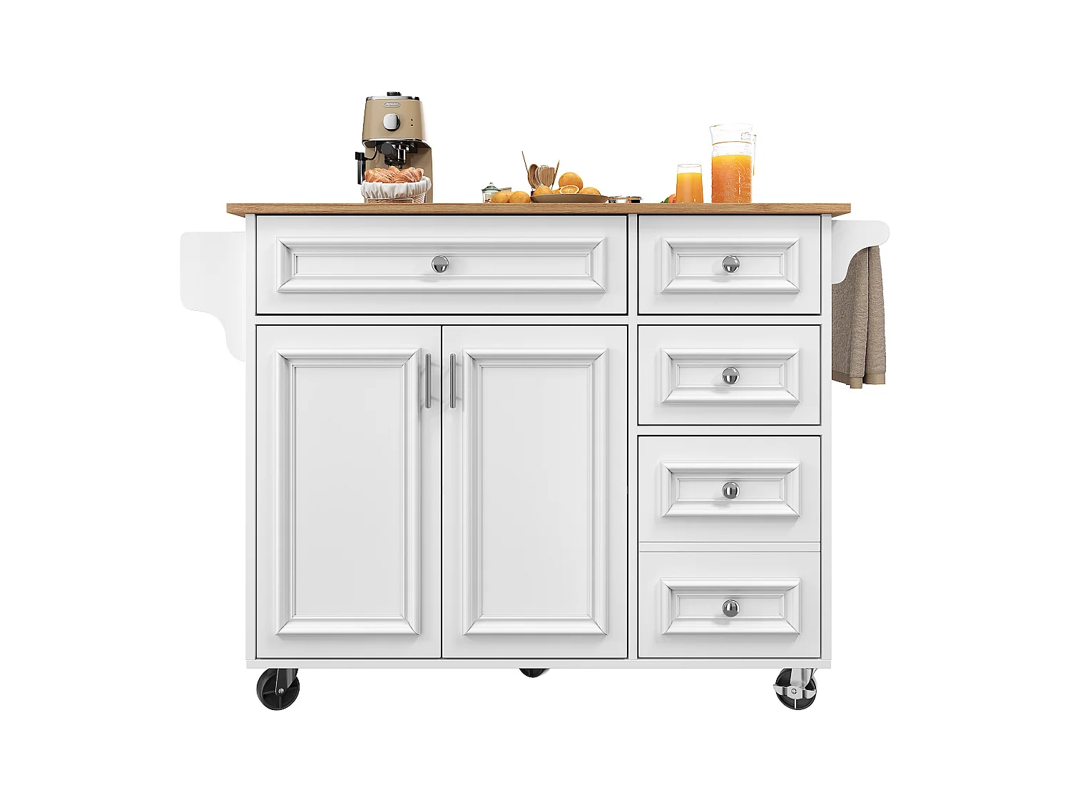 Ilot central de cuisine moderne 130x45x92cm - 5 tiroirs et 2 portes - plateau extensible - avec roulettes - Blanc