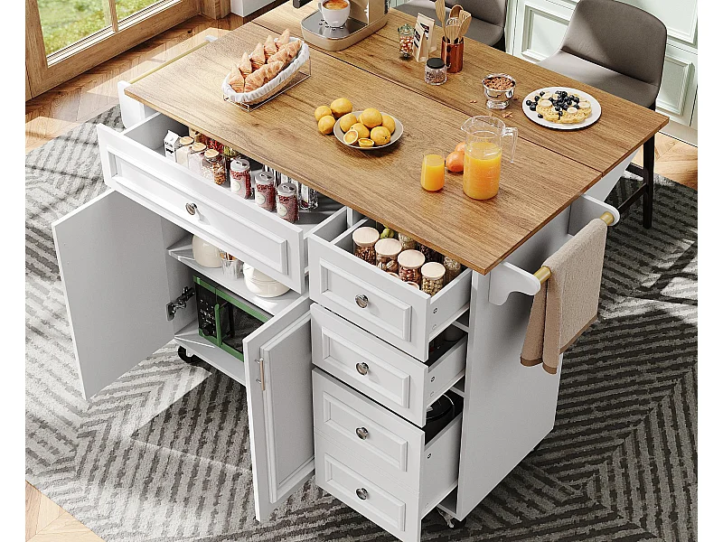 Ilot central de cuisine moderne 130x45x92cm - 5 tiroirs et 2 portes - plateau extensible - avec roulettes - Blanc