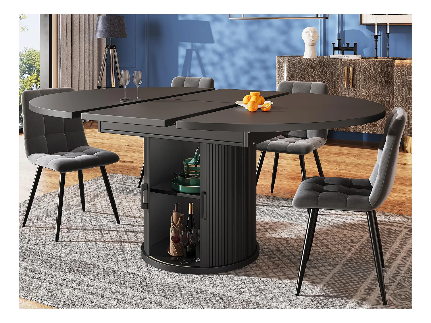 Table à manger extensible - MDF - Table ronde - 118-158 cm - 6 personnes - 1 porte - 2 étagères - Noir