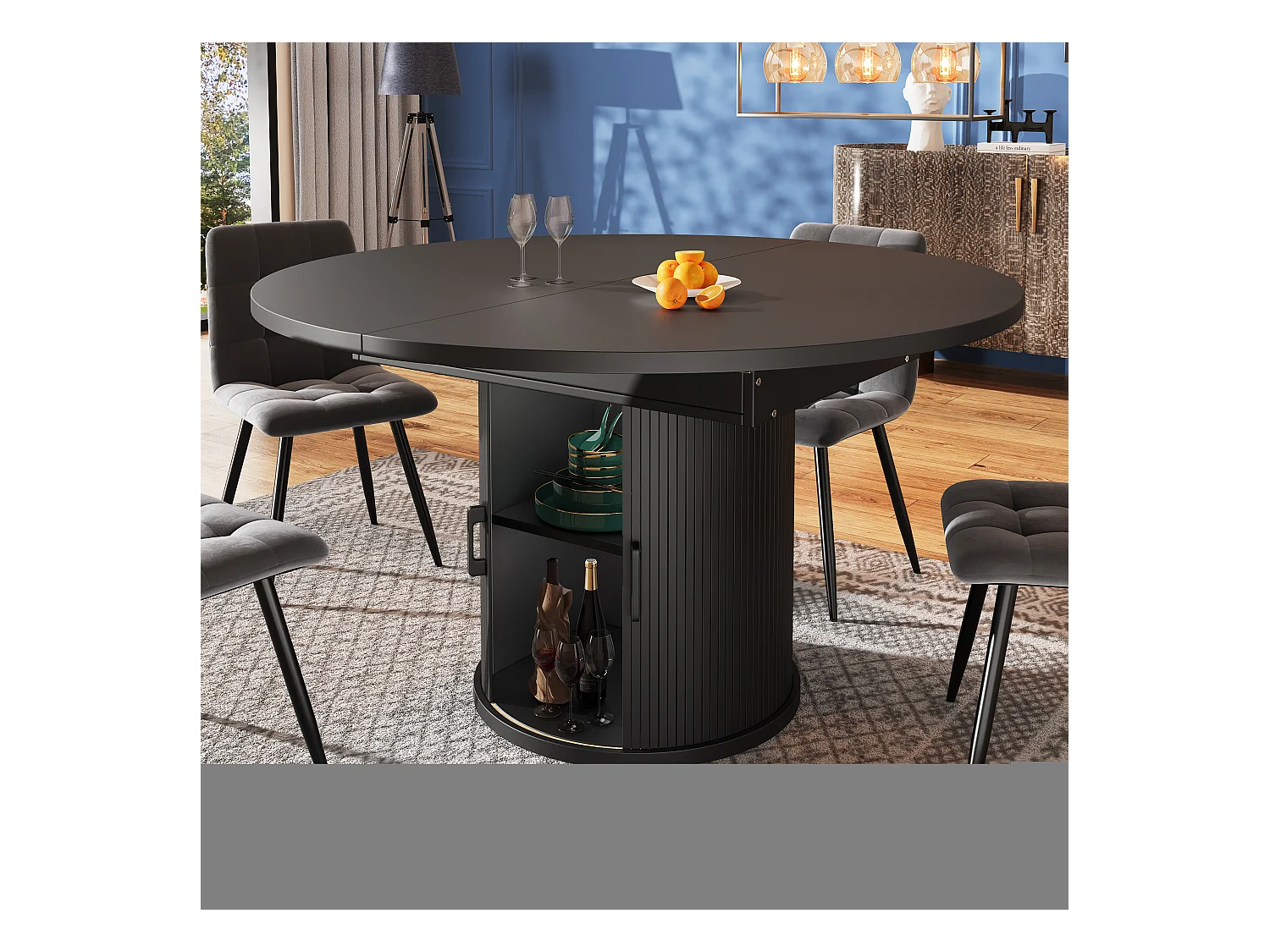 Table à manger extensible - MDF - Table ronde - 118-158 cm - 6 personnes - 1 porte - 2 étagères - Noir