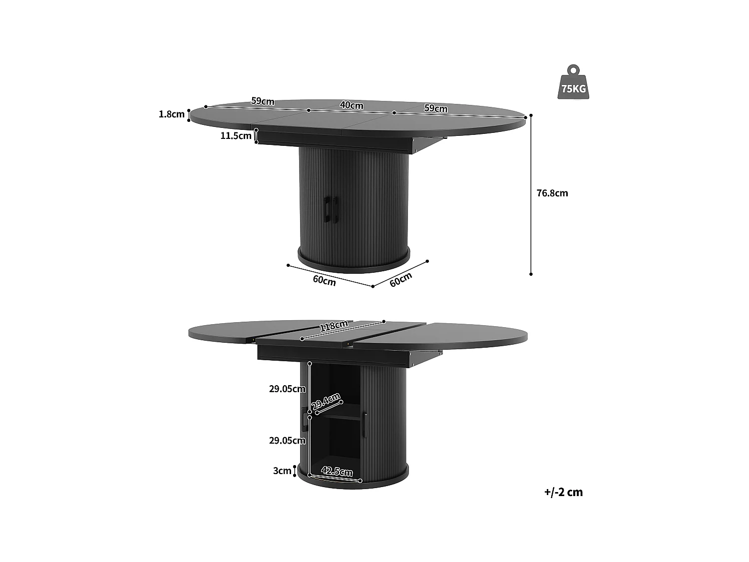 Table à manger extensible - MDF - Table ronde - 118-158 cm - 6 personnes - 1 porte - 2 étagères - Noir
