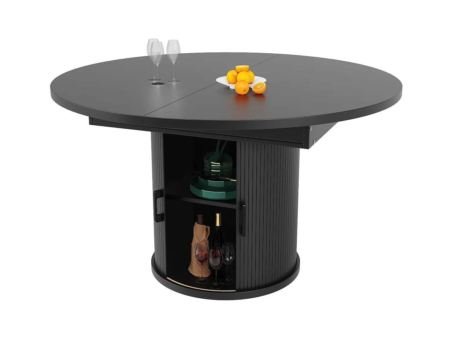 Table à manger extensible - MDF - Table ronde - 118-158 cm - 6 personnes - 1 porte - 2 étagères - Noir